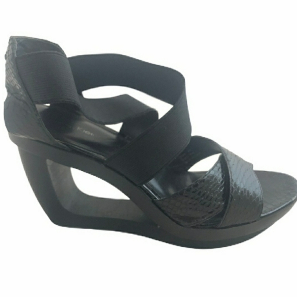 CALVIN KLEIN Black Snakeskin Cutout Wedge  8
